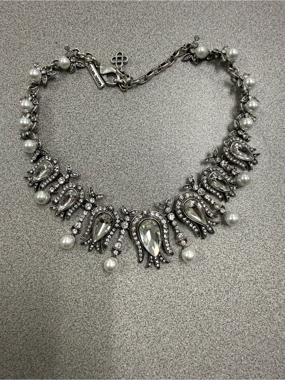 Oscar de la Renta Silver-Tone Crystal Teardrop Necklace with Faux Pearl Drops - Picture 8 of 8